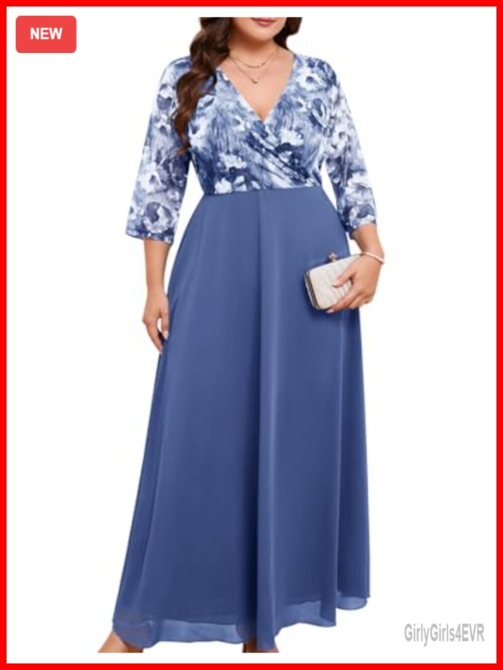 Plus Size Maxi Formal Dress Lace Chiffon V-Neck Wrap Evening Gown